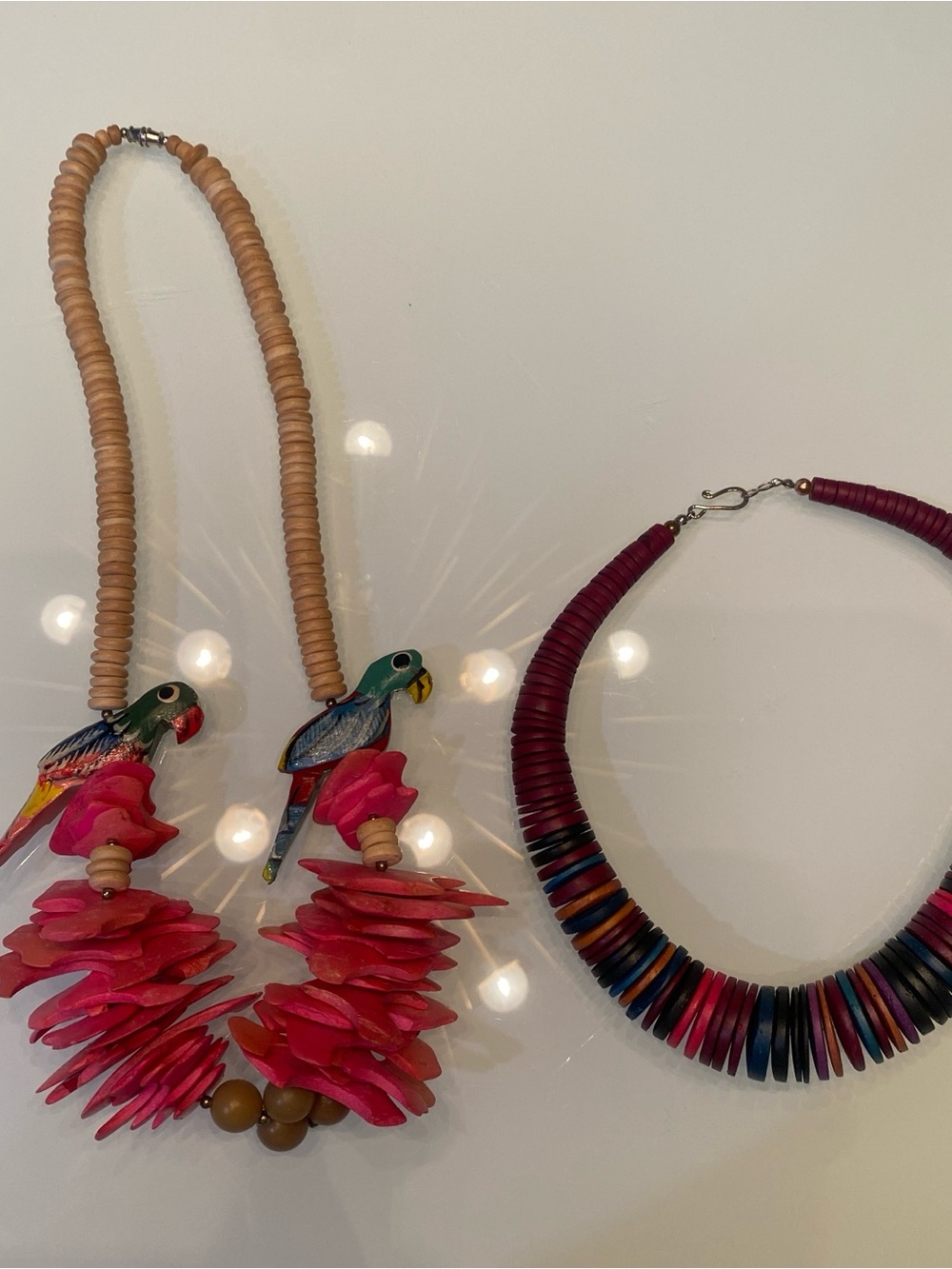 EUC Carved Wood Parrot Statement Necklace & Multi-Color Wood Disk Lot